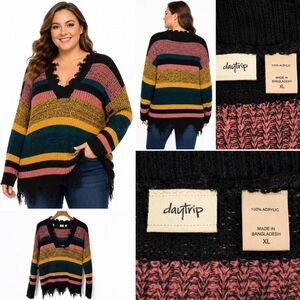 Daytrip Distressed Striped Chunky Knit Sweater XL Boho